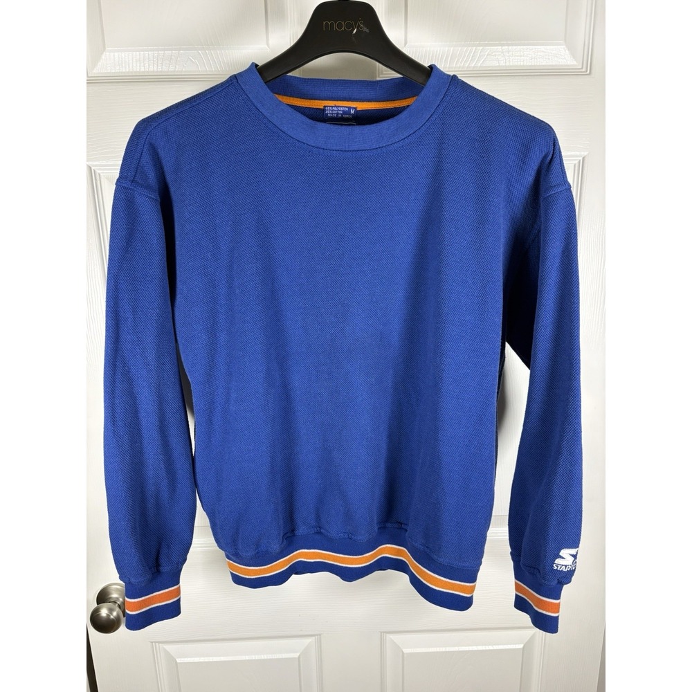 Vintage 90s Starter Blank Crewneck Sweatshirt Blue Orange Striped Trim Mens M